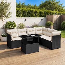 7 Piece Garden Sofa Set Outdoor Furniture Black Poly Rattan with Cushions Patio