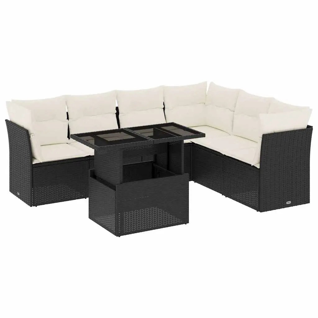 7 Piece Garden Sofa Set Outdoor Furniture Black Poly Rattan with Cushions Patio