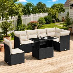 Garden Sofa Set 7 Piece Outdoor Furniture Patio Black Poly Rattan with Cushions