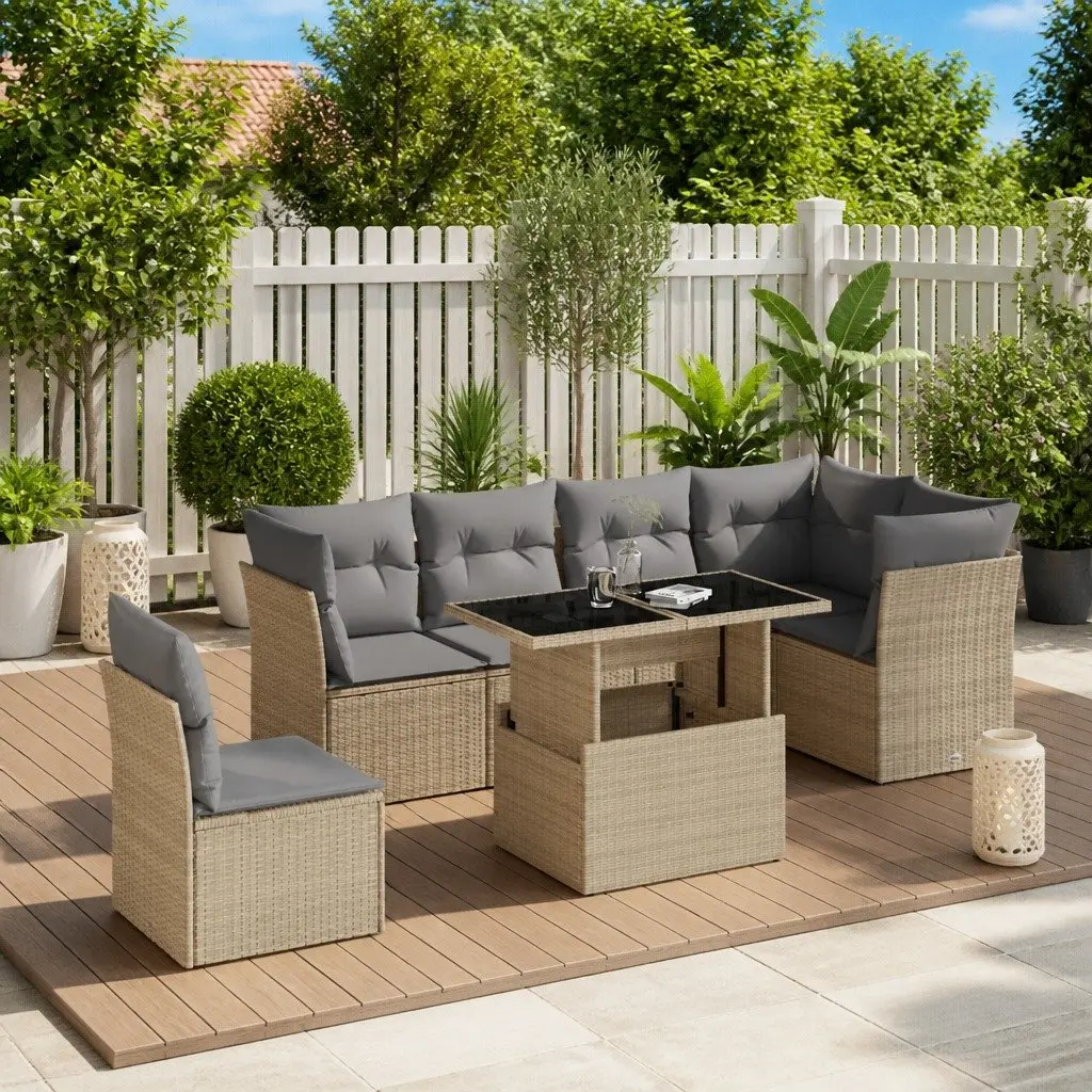 7 Piece Garden Sofa Set Beige Poly Rattan Outdoor Furniture with Cushions