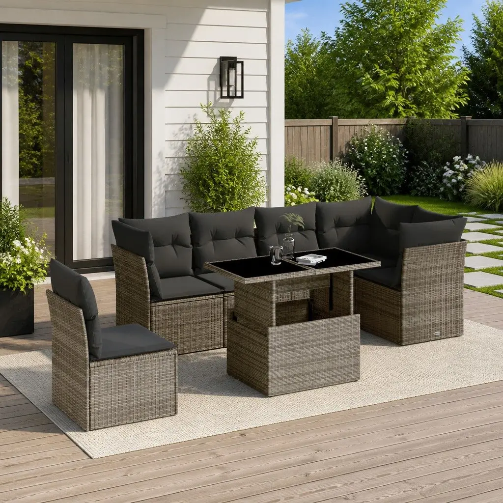 7 Piece Garden Sofa Set Outdoor Furniture with Cushions Grey Poly Rattan Patio