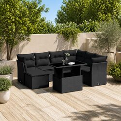 8 Piece Outdoor Garden Sofa Set with Cushions Black Poly Rattan Patio Furniture