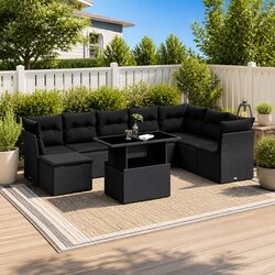 9 Piece Garden Sofa Set Black Poly Rattan Outdoor Furniture with Cushions Patio