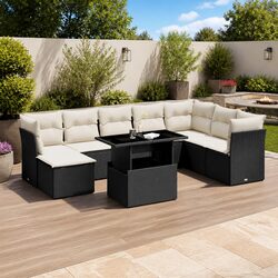 Garden Sofa Set 9 Piece Outdoor Furniture Black Poly Rattan with Cushions Patio