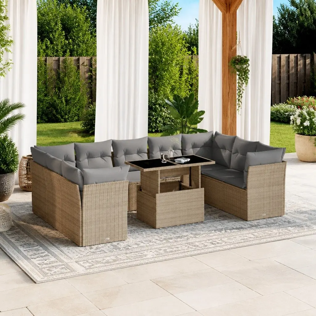 Garden Sofa Set 10 Piece Outdoor Furniture Adjustable Table Beige PE Rattan