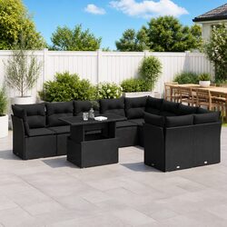 10 Piece Outdoor Garden Sofa Set with Cushions Black Poly Rattan Patio Furniture