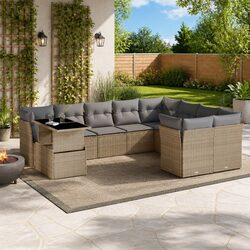 Garden Sofa Set 10 Piece Outdoor Furniture Beige Poly Rattan Cushions Patio