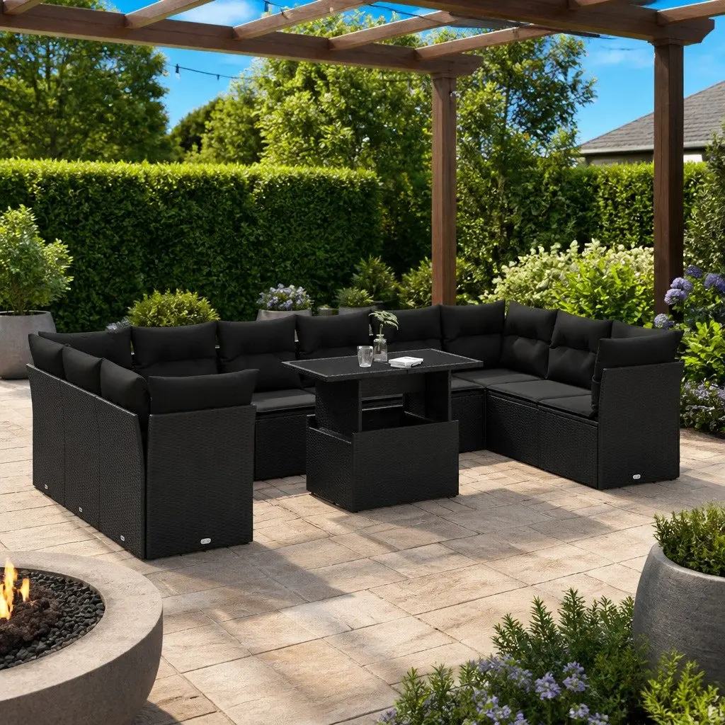 11 Piece Outdoor Garden Sofa Set Black Poly Rattan Patio Furniture with Cushions