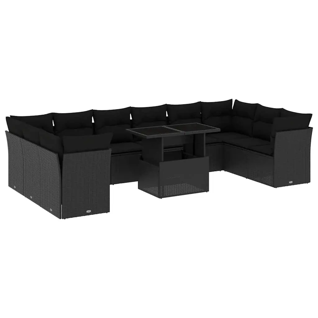 11 Piece Outdoor Garden Sofa Set Black Poly Rattan Patio Furniture with Cushions