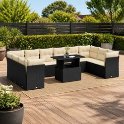 Garden Sofa Set 11 Piece Outdoor Furniture Black Poly Rattan Modular Patio