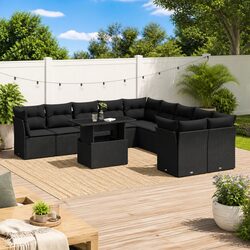 Garden Sofa Set 11 Piece Outdoor Furniture Black Poly Rattan with Cushions Patio