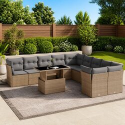 Outdoor Garden Sofa Set 11 Piece Beige Poly Rattan Patio Furniture with Cushions