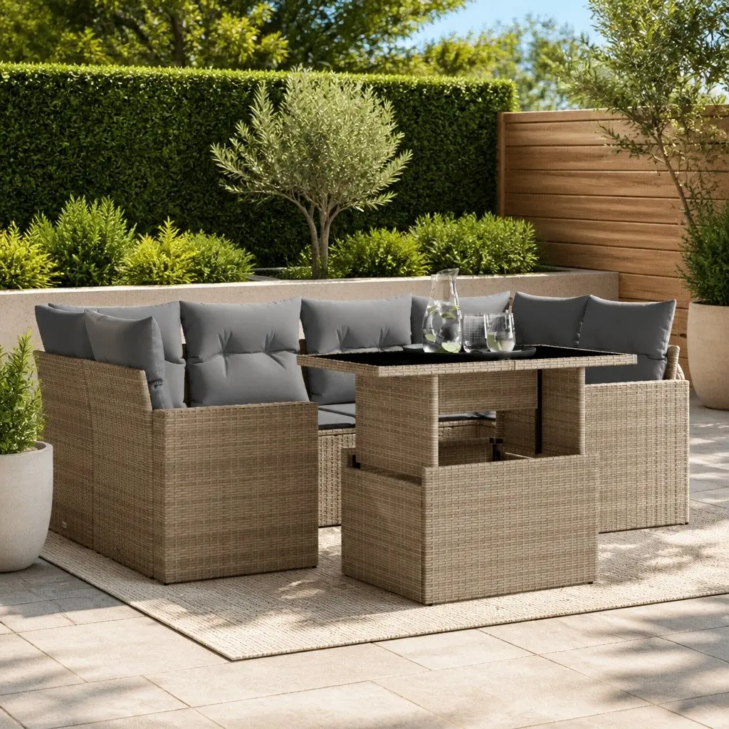 7 Piece Outdoor Garden Sofa Set with Adjustable Dining Table Beige Cushions