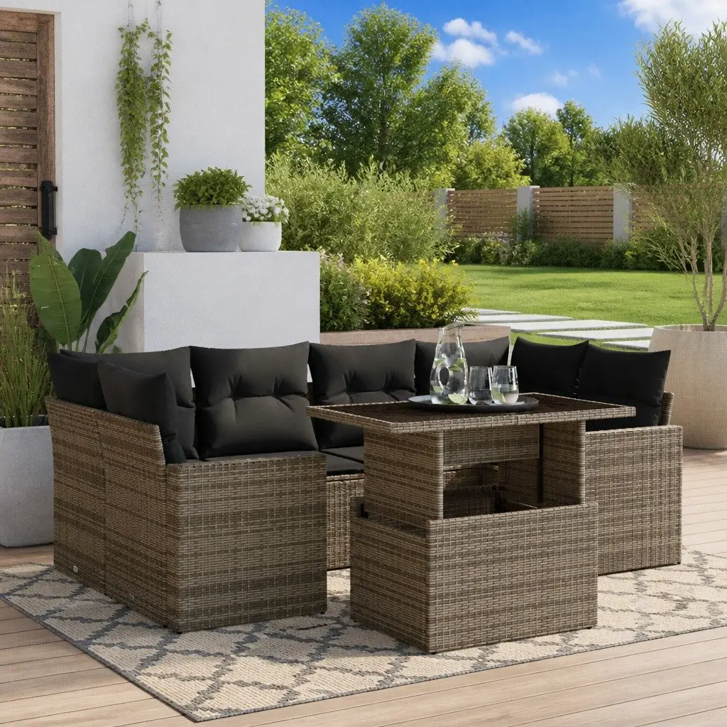 7 Piece Garden Sofa Set Grey Poly Rattan Outdoor Furniture with Cushions Patio