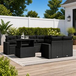 Garden Sofa Set 9 Piece Outdoor Furniture Black Poly Rattan with Cushions Patio