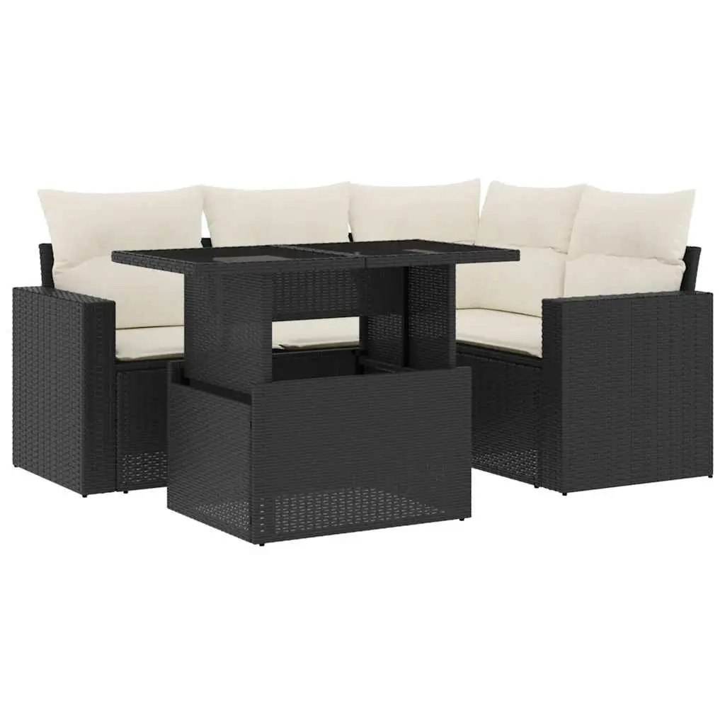 5 Piece Garden Sofa Set Outdoor Furniture Black Poly Rattan with Cushions Patio