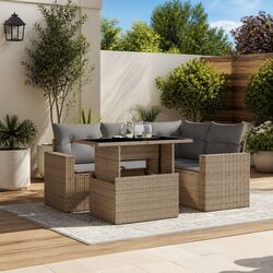 Outdoor Garden Sofa Set 5 Piece Beige Poly Rattan Patio Furniture with Cushions