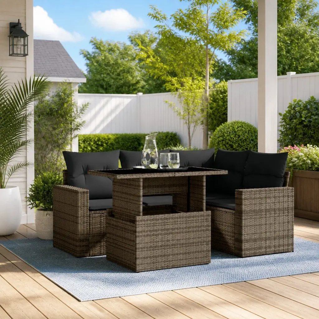 5 Piece Garden Sofa Set Outdoor Furniture Grey Poly Rattan with Cushions Patio