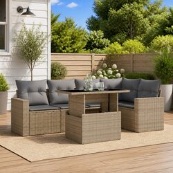 6 Piece Garden Sofa Set Outdoor Furniture with Cushions Beige Poly Rattan Patio