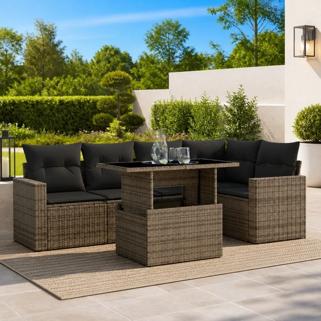 6 Piece Garden Sofa Set Outdoor Patio Furniture Cushions Grey Poly Rattan