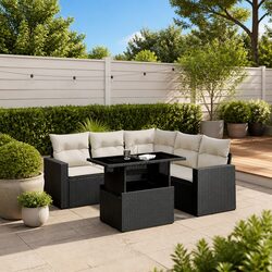 Outdoor Garden Sofa Set 6 Piece Black Poly Rattan with Cushions Patio Furniture