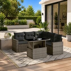Garden Sofa Set 6 Piece Outdoor Furniture Grey Poly Rattan Modular with Cushions