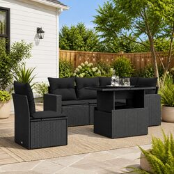 Garden Sofa Set 6 Piece Outdoor Furniture Patio Black Poly Rattan with Cushions