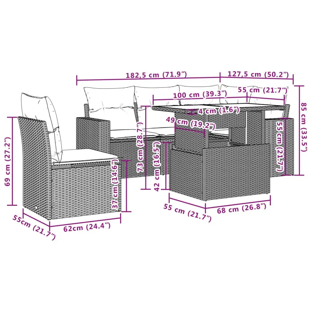 6 Piece Outdoor Garden Sofa Set Grey Poly Rattan Modular Patio Furniture with