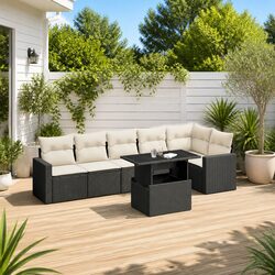 Garden Sofa Set 7 Piece Outdoor Furniture Patio Black Poly Rattan with Cushions