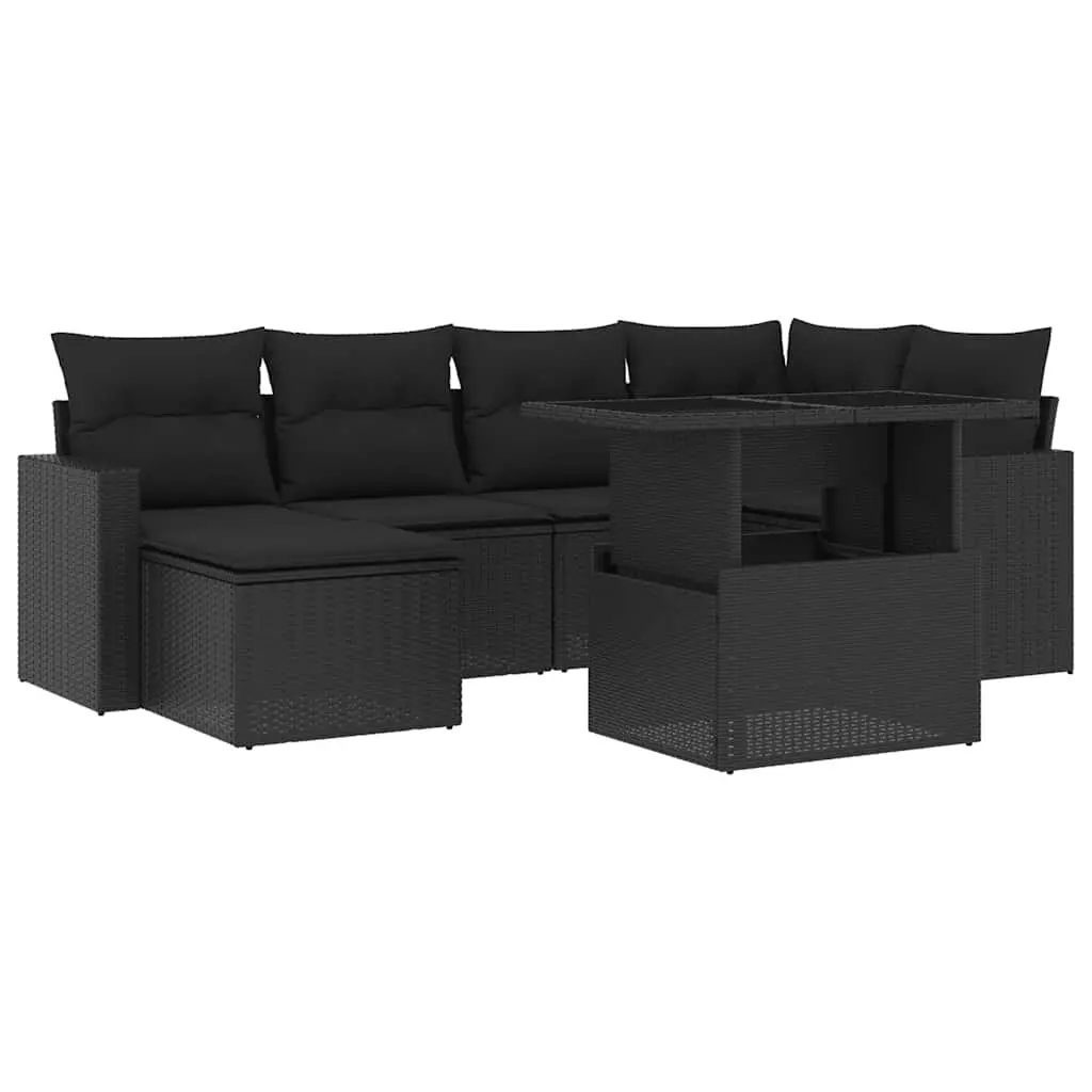 7 Piece Outdoor Garden Sofa Set Black Poly Rattan Patio Furniture with Cushions