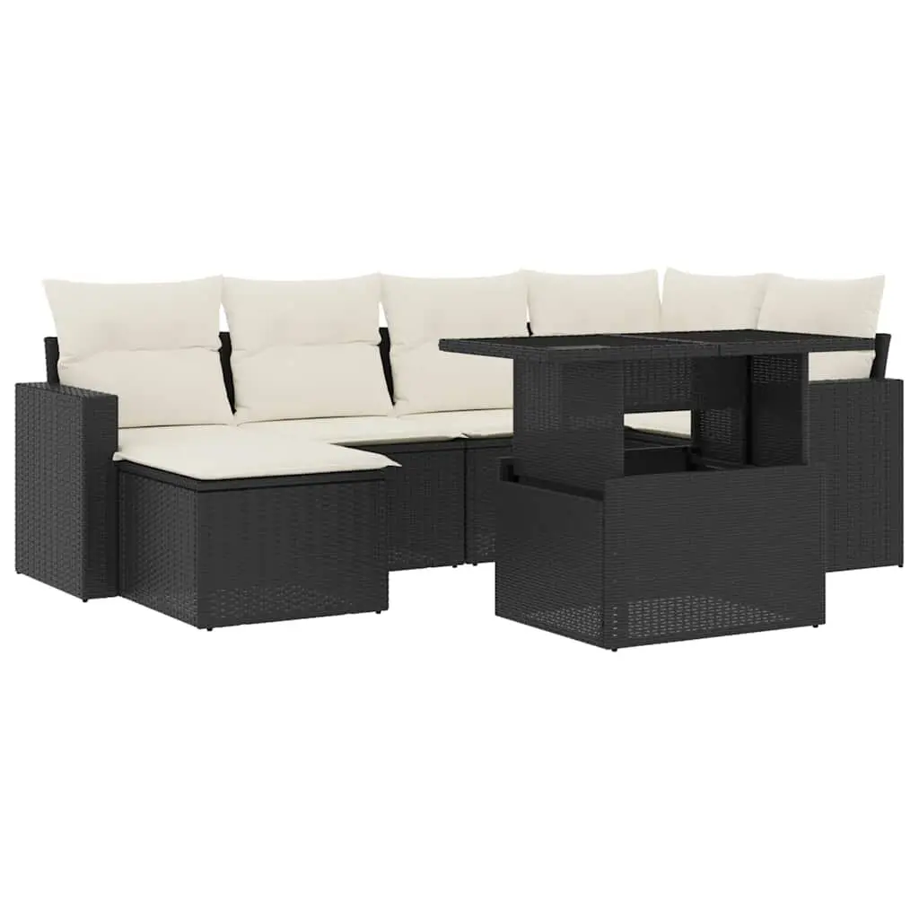 7 Piece Garden Sofa Set Outdoor Patio Furniture Black Poly Rattan with Cushions