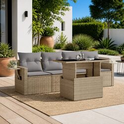 Garden Sofa Set 5 Piece Outdoor Furniture Beige Poly Rattan Patio with Cushions