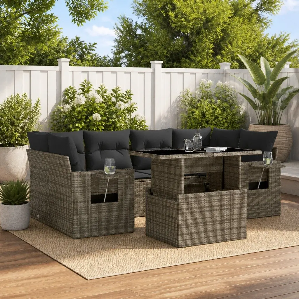7 Piece Grey Poly Rattan Garden Sofa Set with Cushions Outdoor Patio Furniture