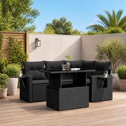Garden Sofa Set 5 Piece Outdoor Furniture Black Poly Rattan Adjustable Table