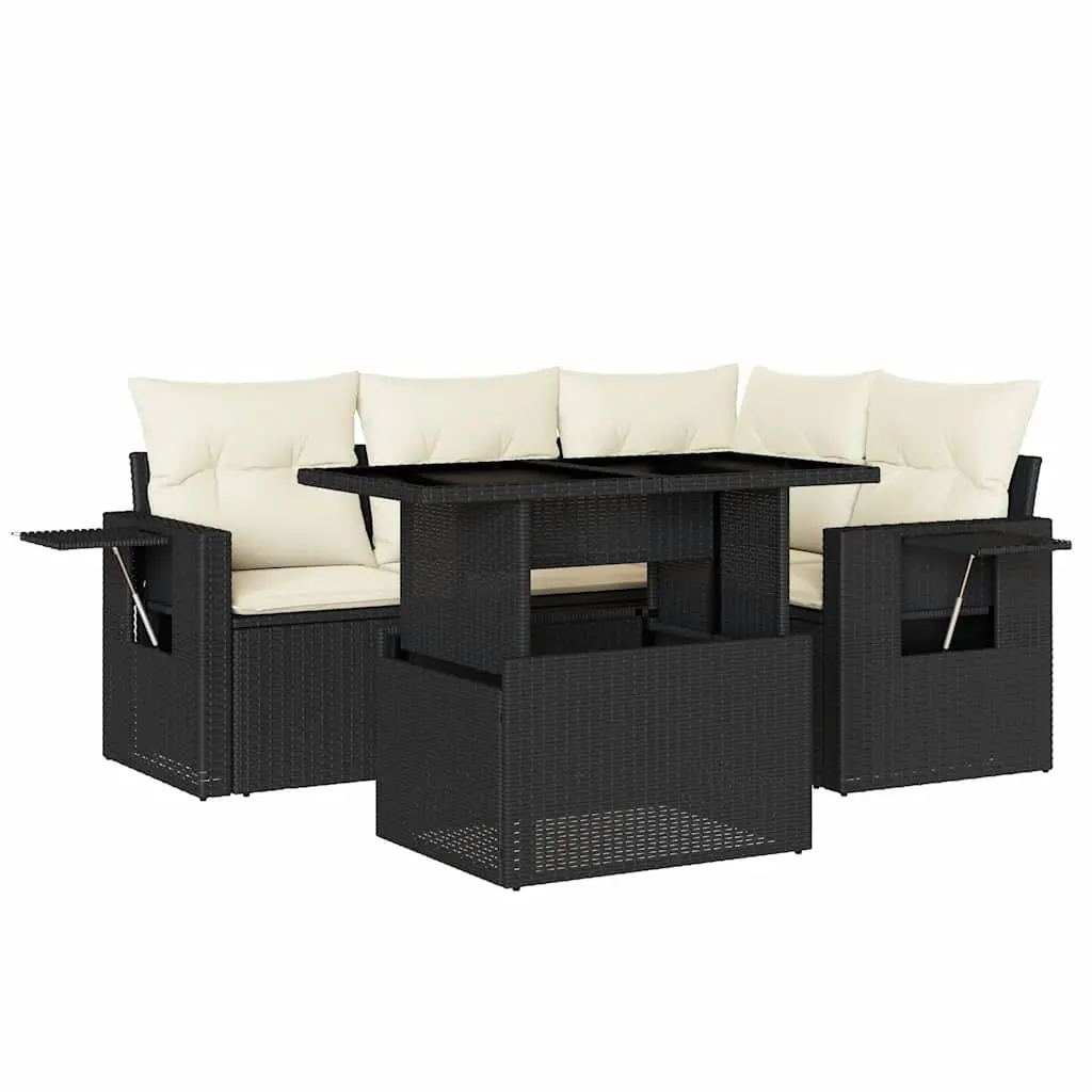 5 Piece Garden Sofa Set Outdoor Furniture Black Poly Rattan Patio Seating with