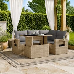 5 Piece Garden Sofa Set Beige Poly Rattan Patio Furniture with Cushions