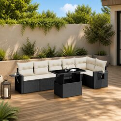 7 Piece Garden Sofa Set Outdoor Furniture Black Poly Rattan Cushions Patio
