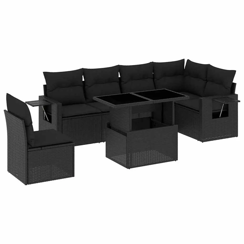 7 Piece Outdoor Garden Sofa Set Black Poly Rattan Patio Furniture with Cushions