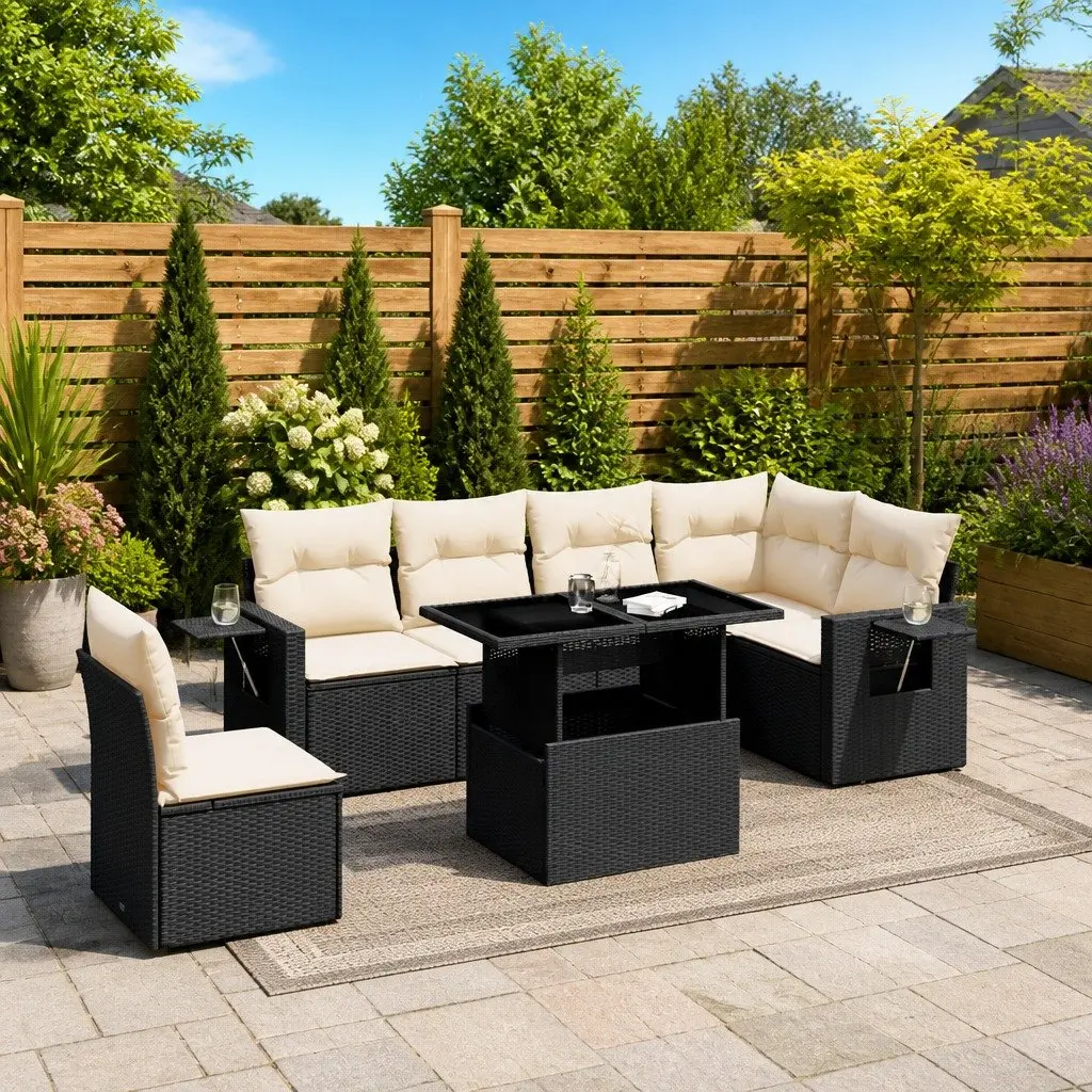 7 Piece Garden Sofa Set Outdoor Furniture Patio Poly Rattan Black with Cushions