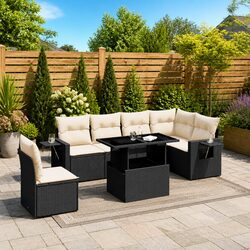 7 Piece Garden Sofa Set Outdoor Furniture Patio Poly Rattan Black with Cushions