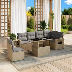 7 Piece Outdoor Garden Sofa Set with Cushions Beige Poly Rattan Patio Furniture