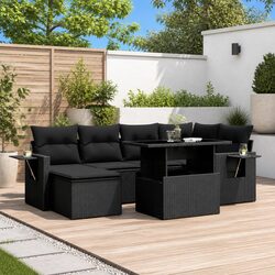 7-Piece Garden Sofa Set with Cushions Outdoor Patio Furniture Black Poly Rattan