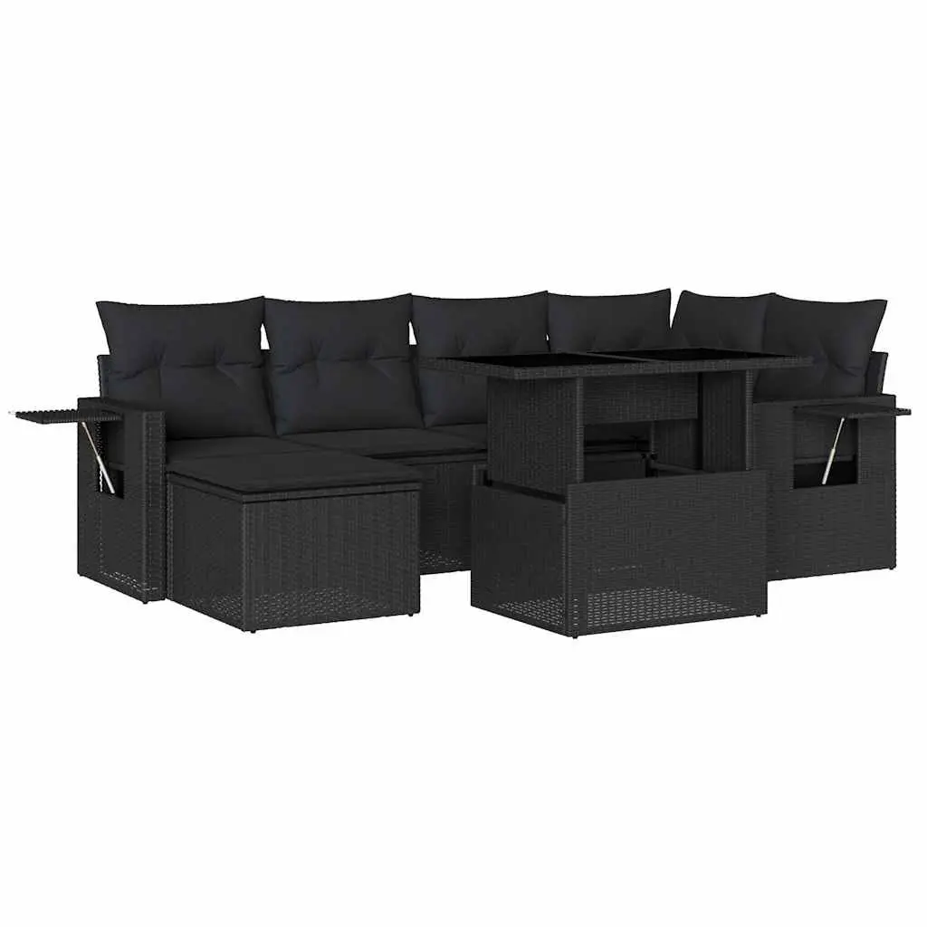 7-Piece Garden Sofa Set with Cushions Outdoor Patio Furniture Black Poly Rattan