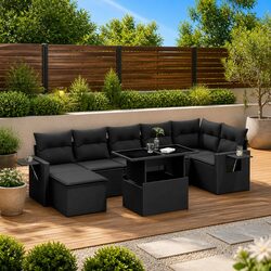 Garden Sofa Set 8 Piece Outdoor Furniture Black Poly Rattan with Cushions Patio