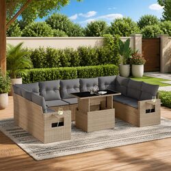 Garden Sofa Set 10 Piece Outdoor Patio Furniture Beige Poly Rattan Modular