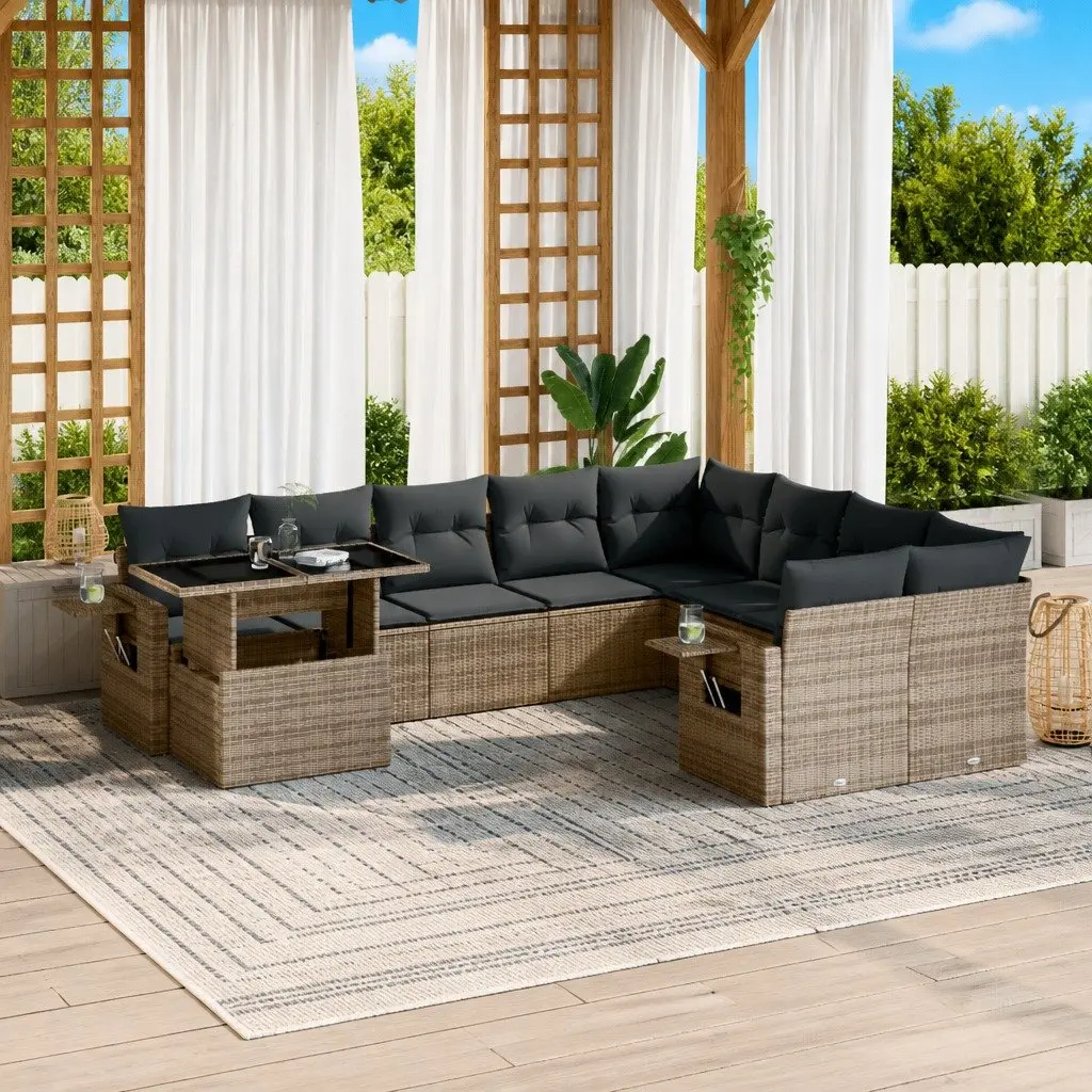 10 Piece Garden Sofa Set Modular Outdoor Furniture Grey Poly Rattan with Cushions
