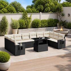 Garden Sofa Set 11 Piece Outdoor Furniture Modular Black Poly Rattan Patio