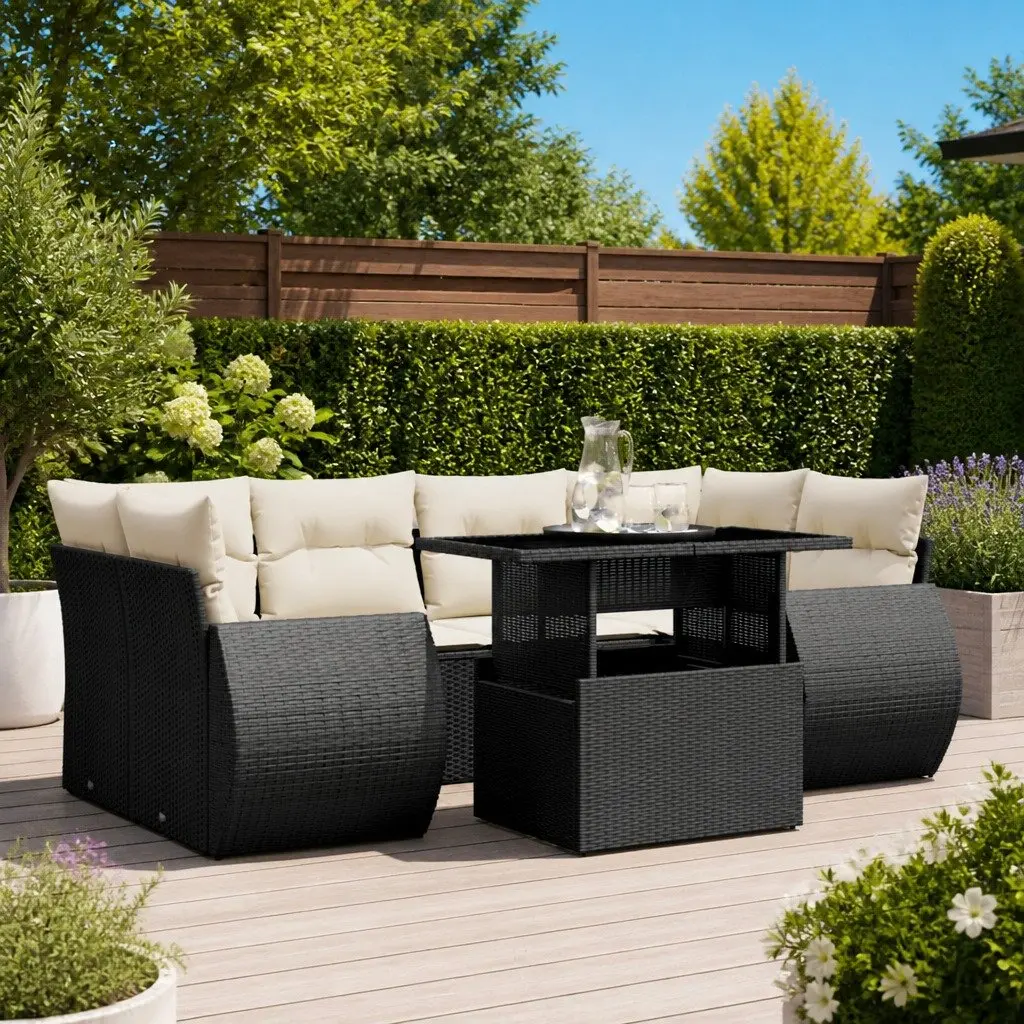 7 Piece Outdoor Garden Sofa Set Adjustable Table Black Poly Rattan
