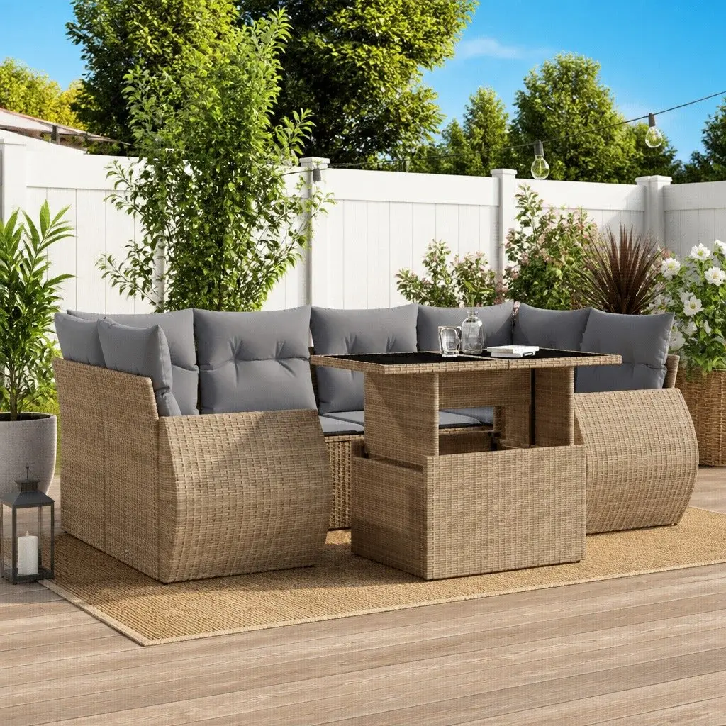 7 Piece Garden Sofa Set Modular Outdoor Furniture Beige PE Rattan with Cushions