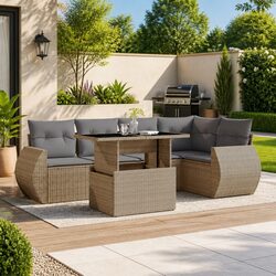 6 Piece Outdoor Garden Sofa Set Beige Poly Rattan Patio Furniture with Cushions